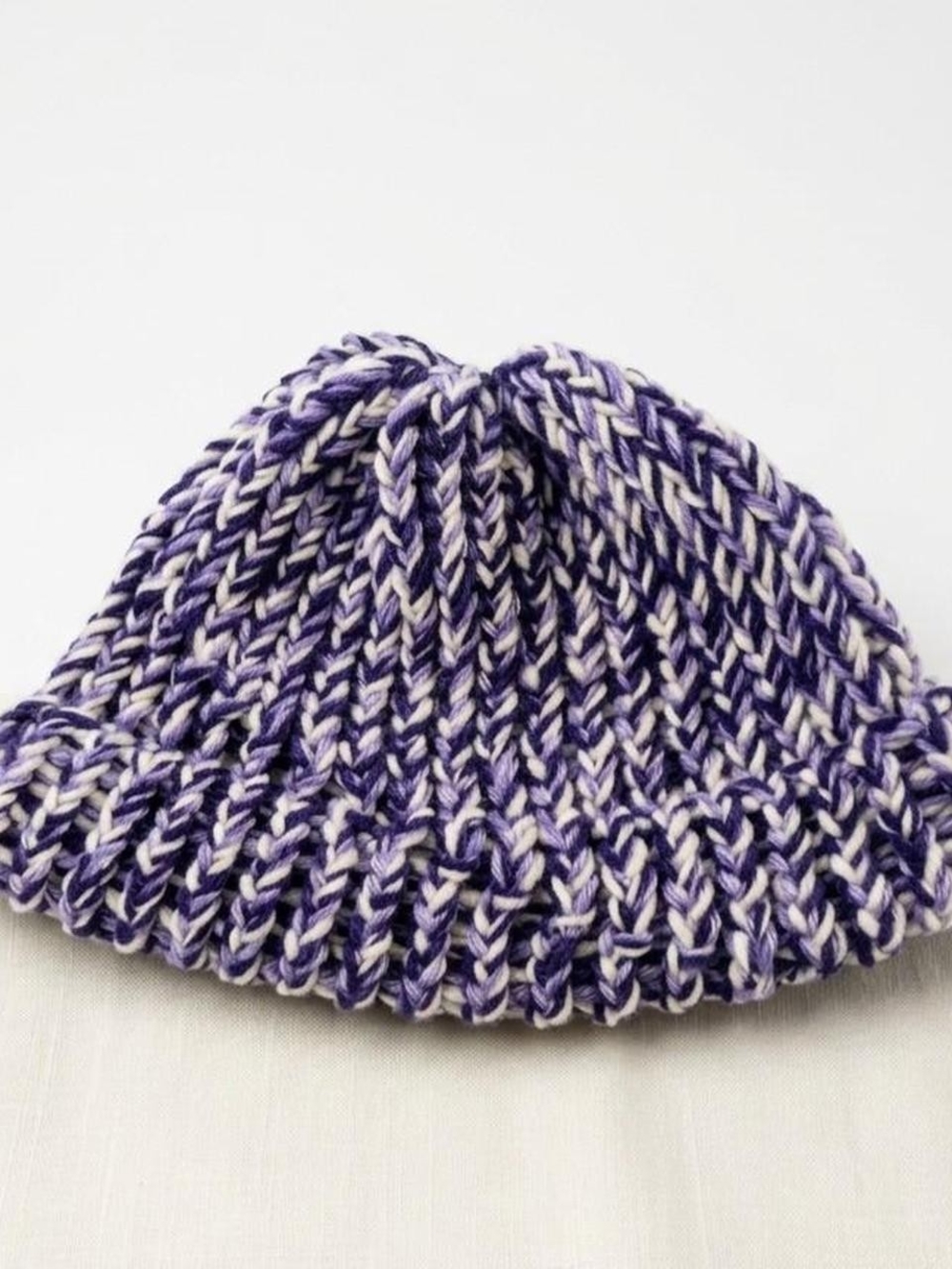 Hand Crafted Kids Knit Beanie - Purple & White